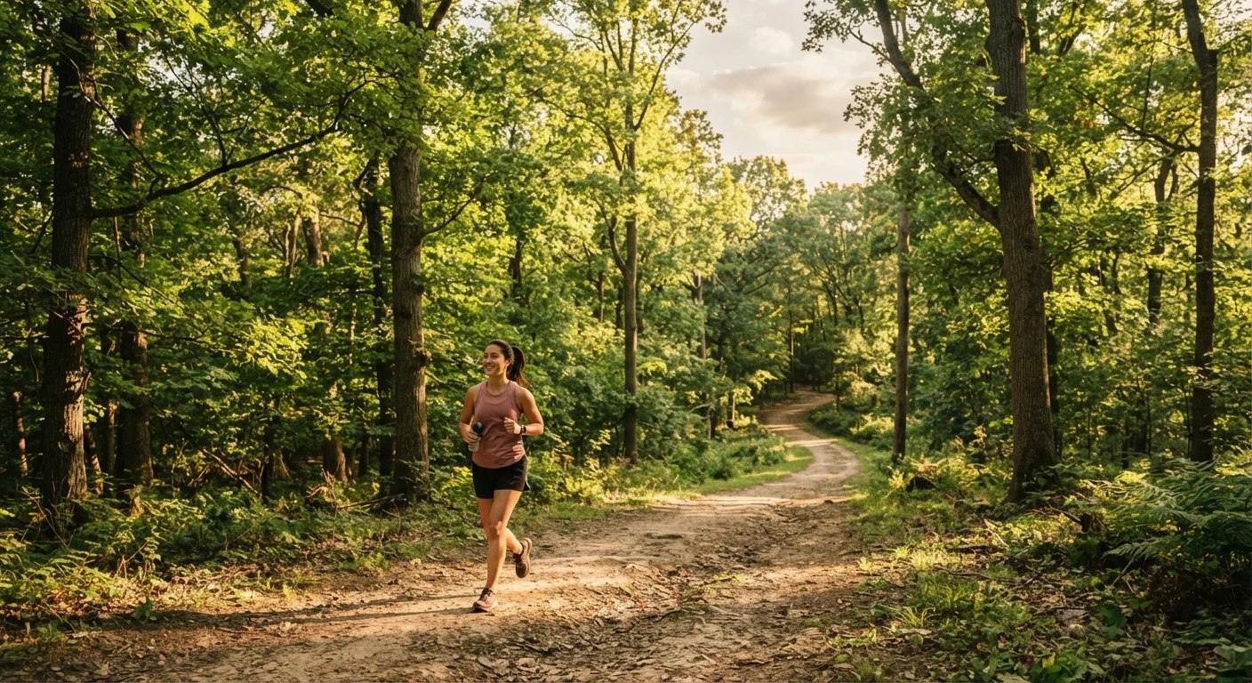 Person jogging on a sunny park trail through green trees, looking relaxed and content