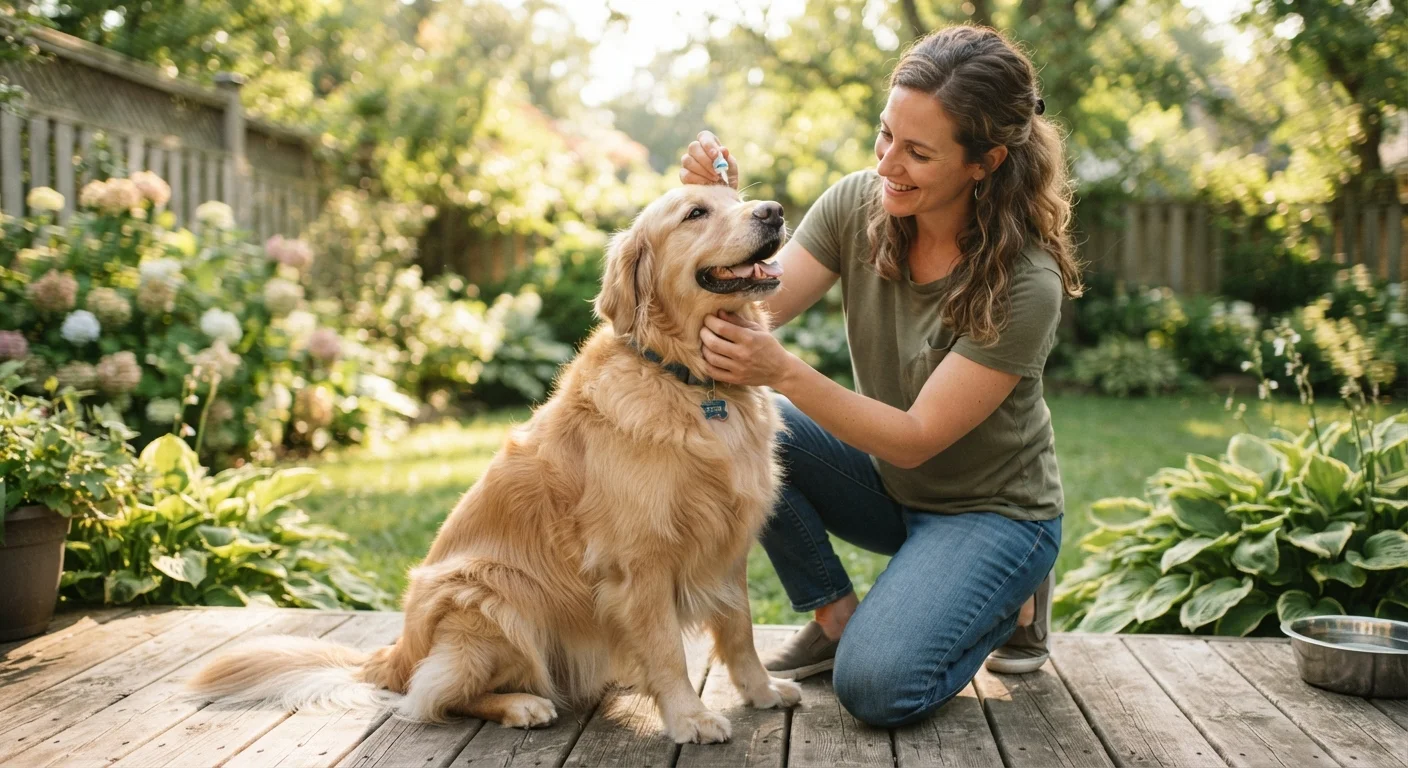 Dog owner applying flea and tick prevention treatment to a dog outdoors in a sunny yard