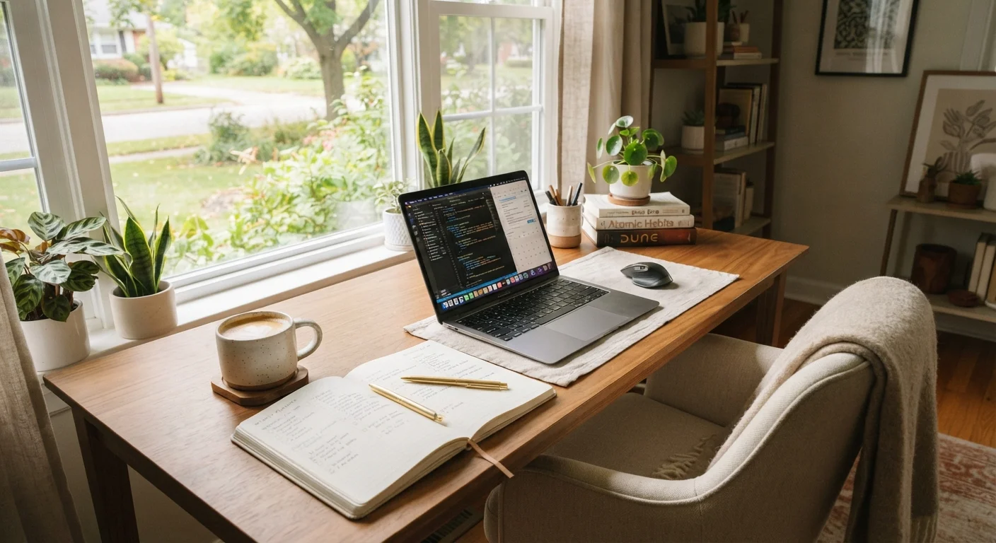A tidy home office desk with a laptop and planner bathed in warm morning sunlight.