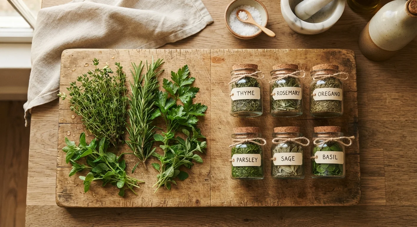 Fresh herb sprigs and dried herbs in jars displayed side by side on a wooden cutting board.