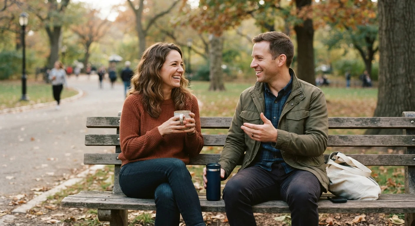 Two adult friends sitting on a park bench having a genuine, relaxed conversation outdoors