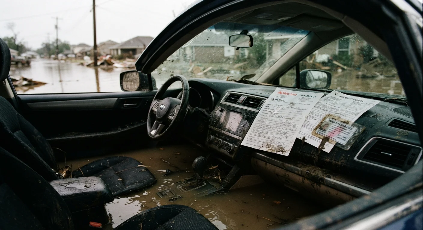A severely damaged vehicle with insurance documents visible, illustrating gap insurance coverage