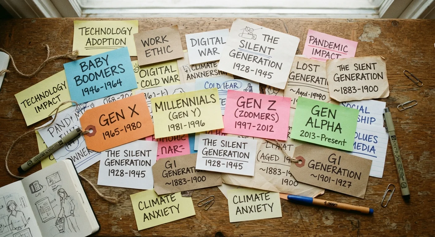 Overlapping paper labels with generational category names spread across a wooden desk surface