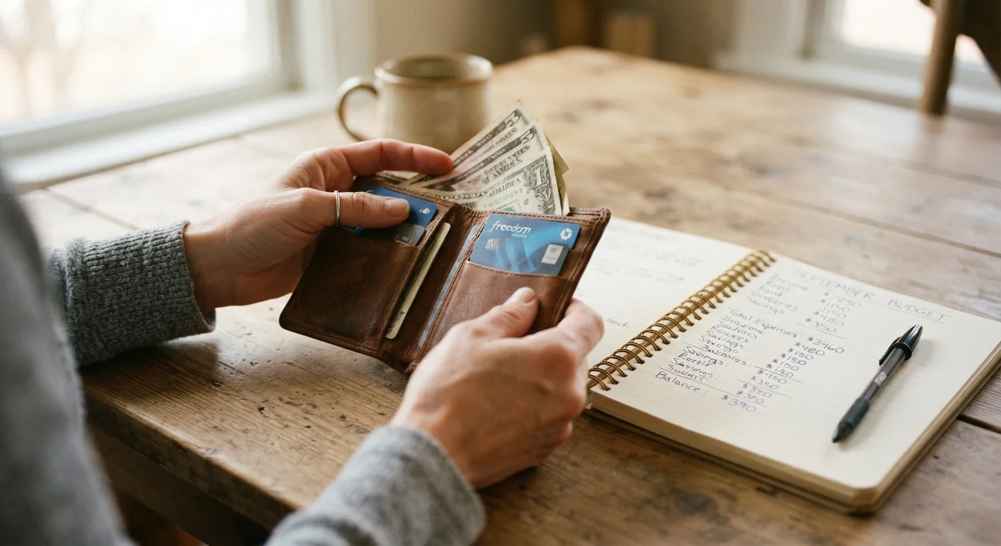Person reviewing a tight budget with wallet, credit cards, and a handwritten notebook on a table