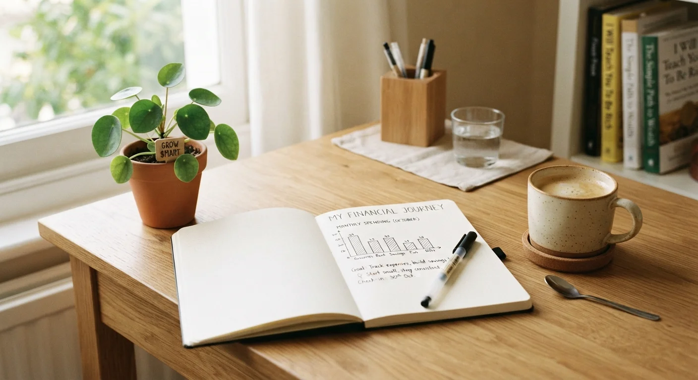 A tidy desk with a notebook, bar chart sketch, plant, and coffee cup representing beginner investing