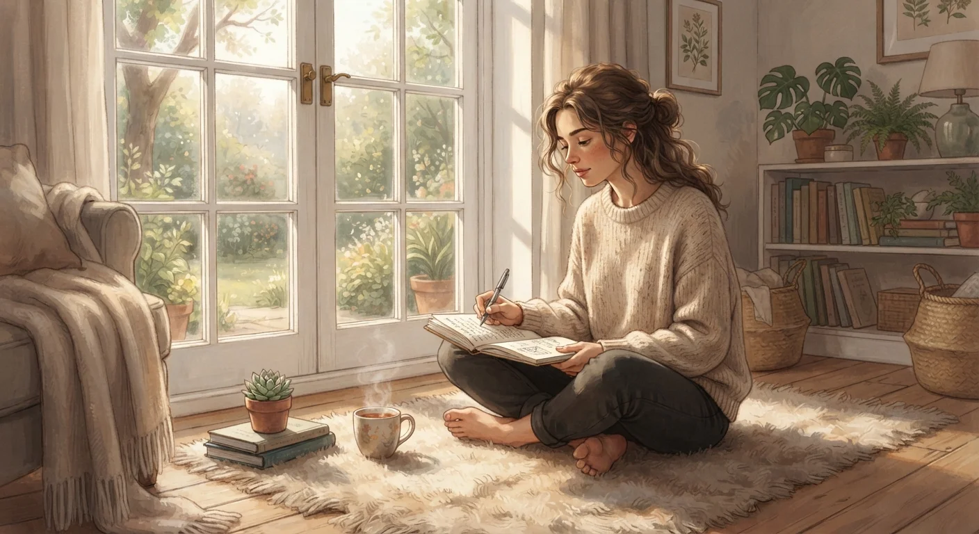 Person sitting calmly near a sunlit window, journaling as part of a mental wellness practice
