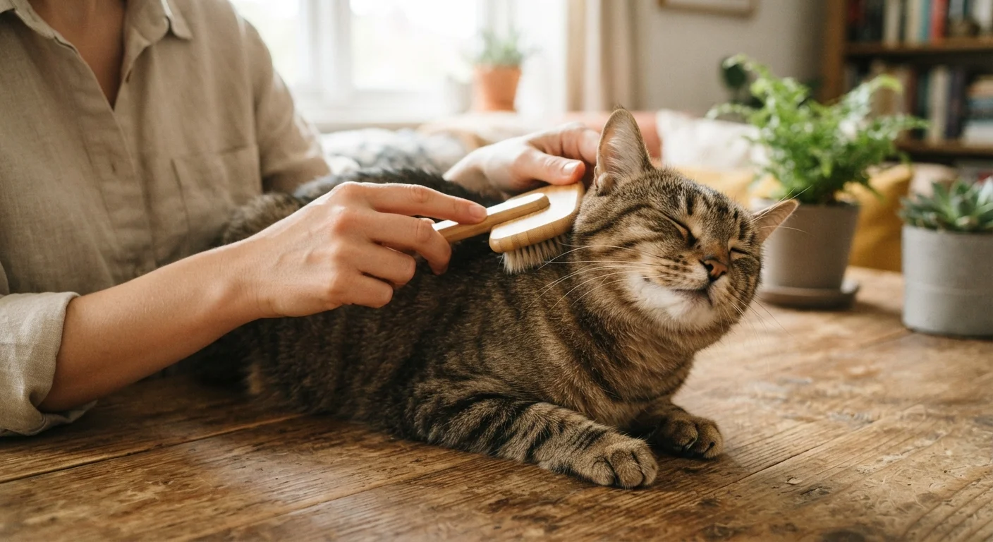 A calm cat being gently groomed with a brush on a wooden surface at home