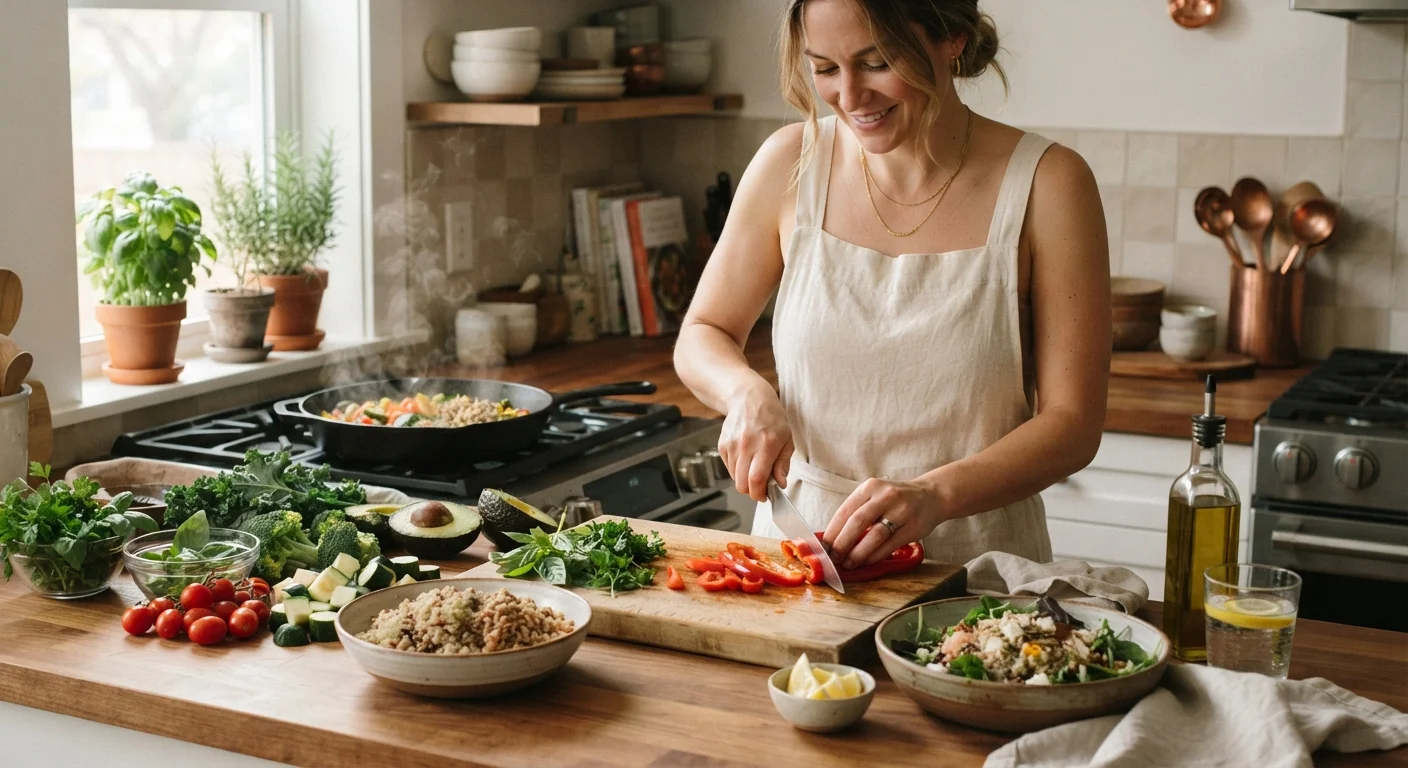 A home cook assembling a nutritious meal on a clean kitchen counter with fresh ingredients