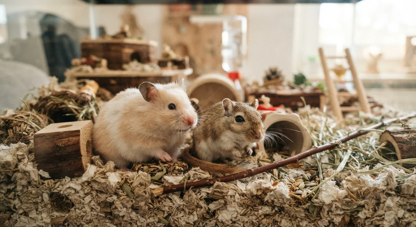 A hamster and a gerbil sitting side by side in a small animal habitat with bedding.