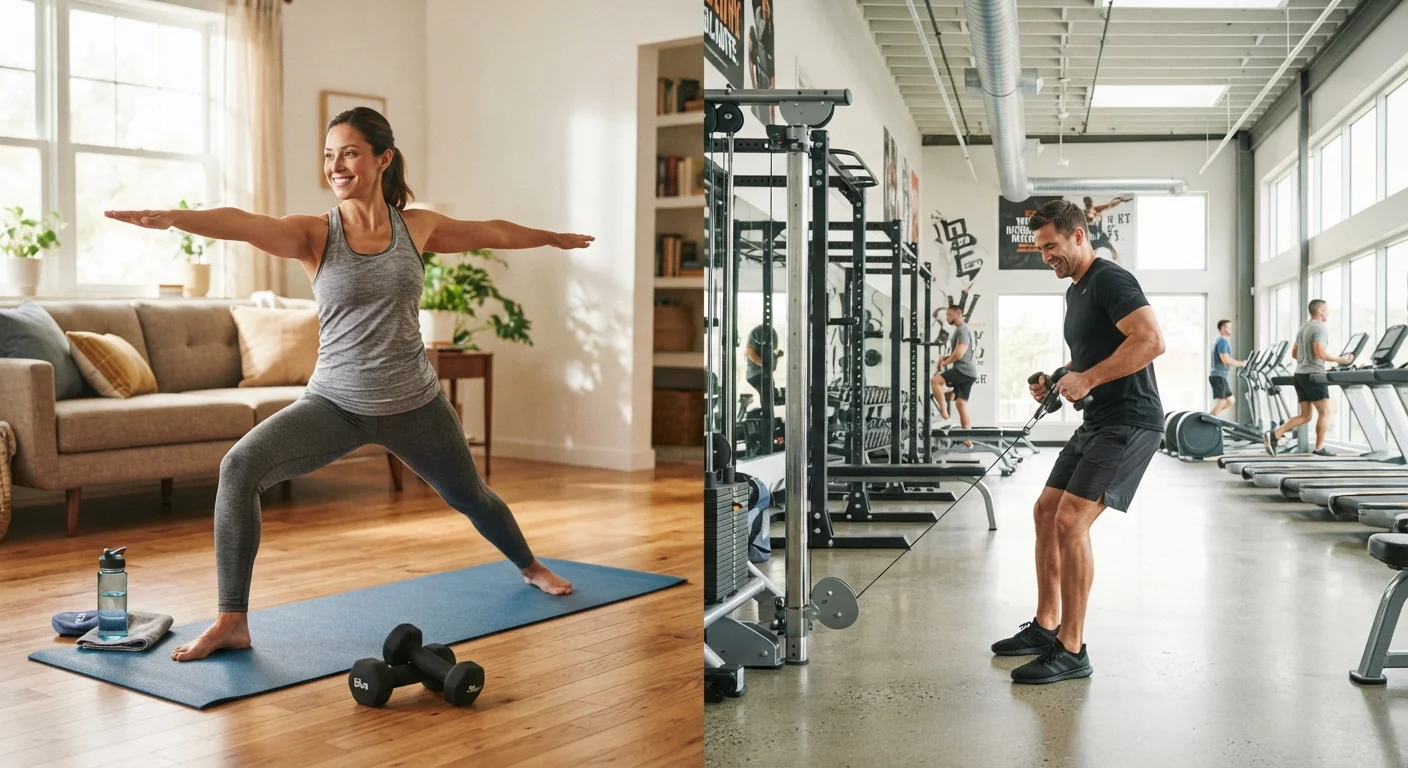 Split view of a home workout space with a mat and dumbbells beside a modern gym interior