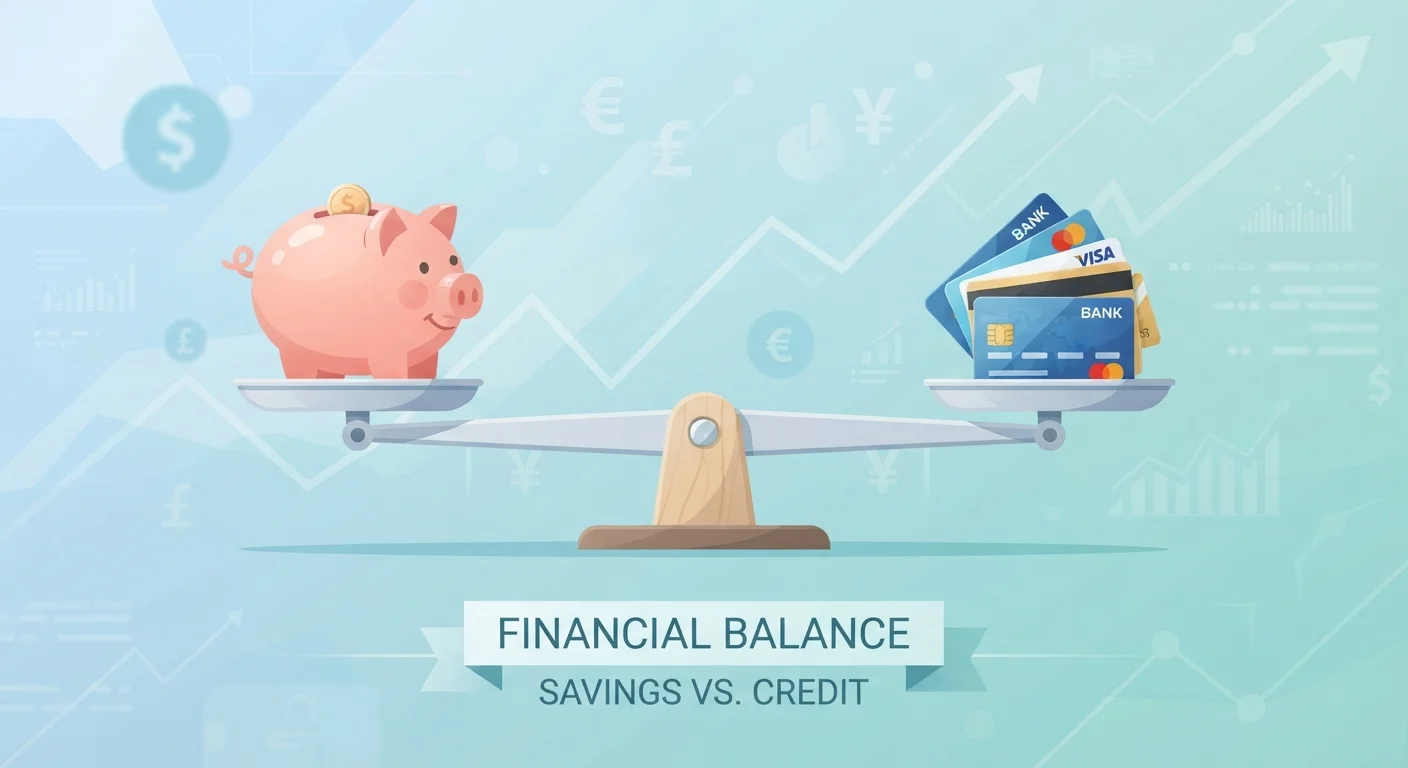 A balanced scale with a piggy bank on one side and credit cards on the other, representing compound interest in savings versus debt