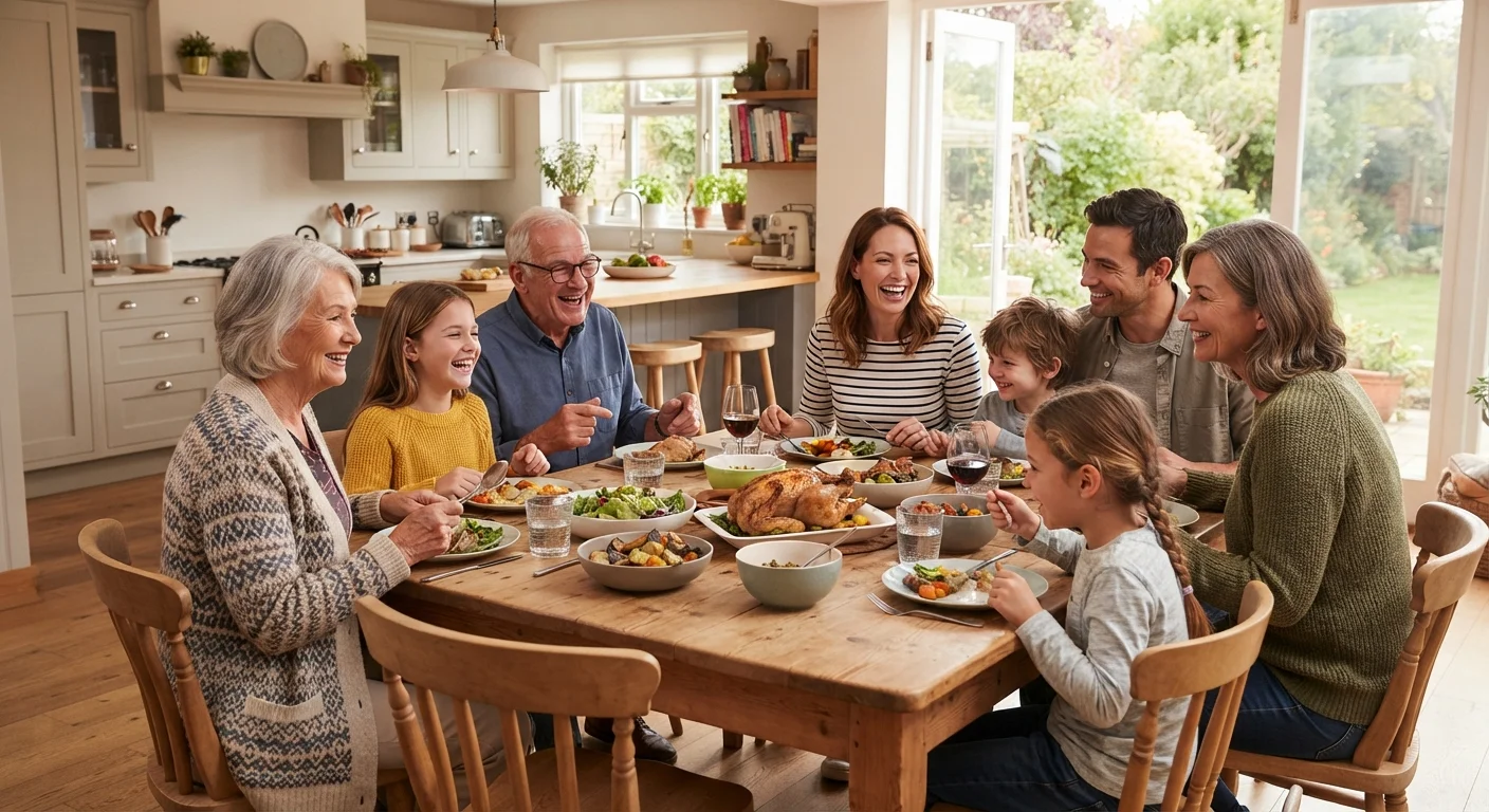 A multigenerational family sharing a meal together in a bright, welcoming kitchen.