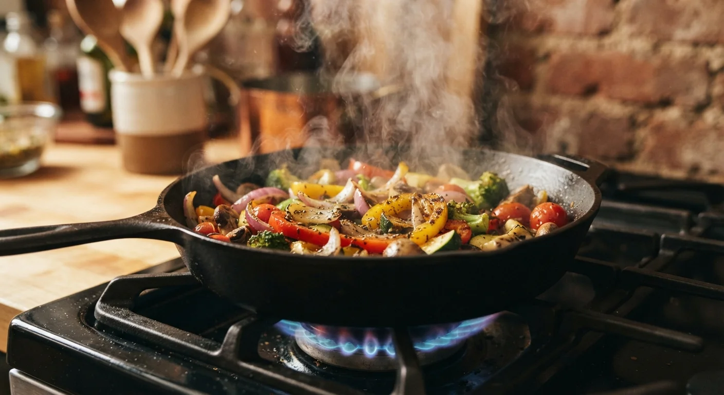 Cast iron pan on a gas stove with sizzling vegetables browning in oil over high heat