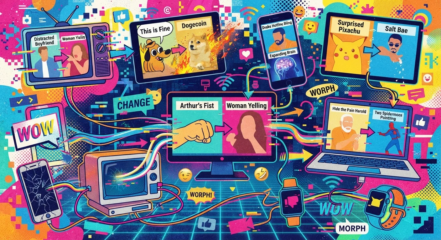 Colorful illustration of meme imagery spreading across interconnected digital screens and devices
