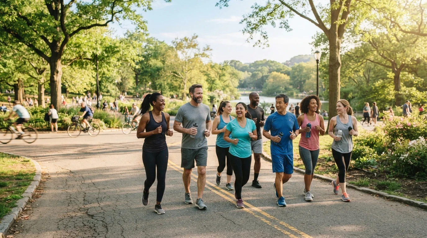 Diverse adults walking and jogging on a sunny park path representing everyday physical activity