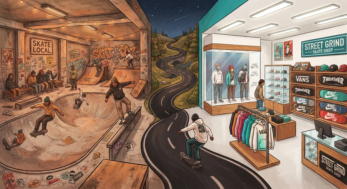 Split illustration contrasting an underground skate park with a mainstream commercial skate retail store