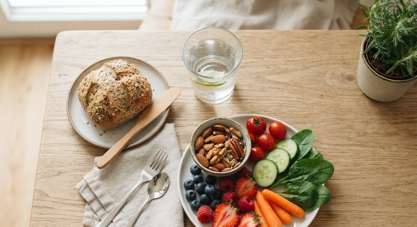 A glass of water surrounded by fresh fruits, vegetables, and whole grains on a wooden table