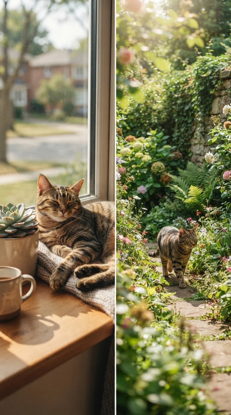 A tabby cat resting indoors on a windowsill beside a cat exploring an outdoor garden.