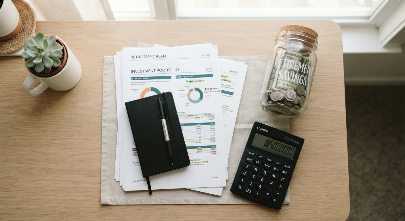 Financial planning documents, a savings jar, and calculator arranged neatly on a desk