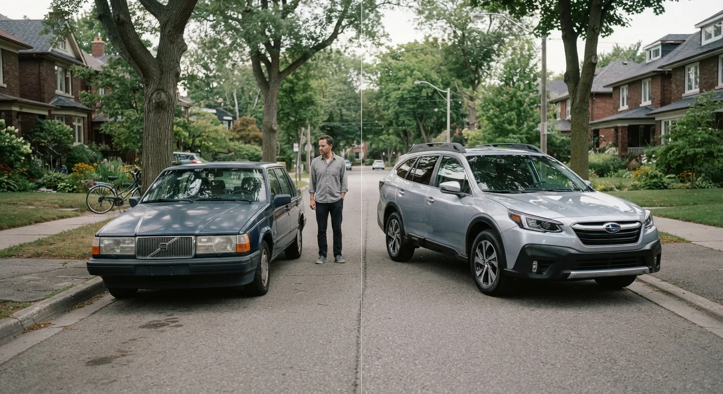 Side-by-side comparison of an older well-maintained car and a newer vehicle parked on a residential street.