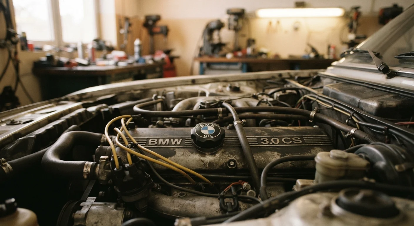 A clean, well-maintained engine bay of a high-mileage vehicle in a workshop