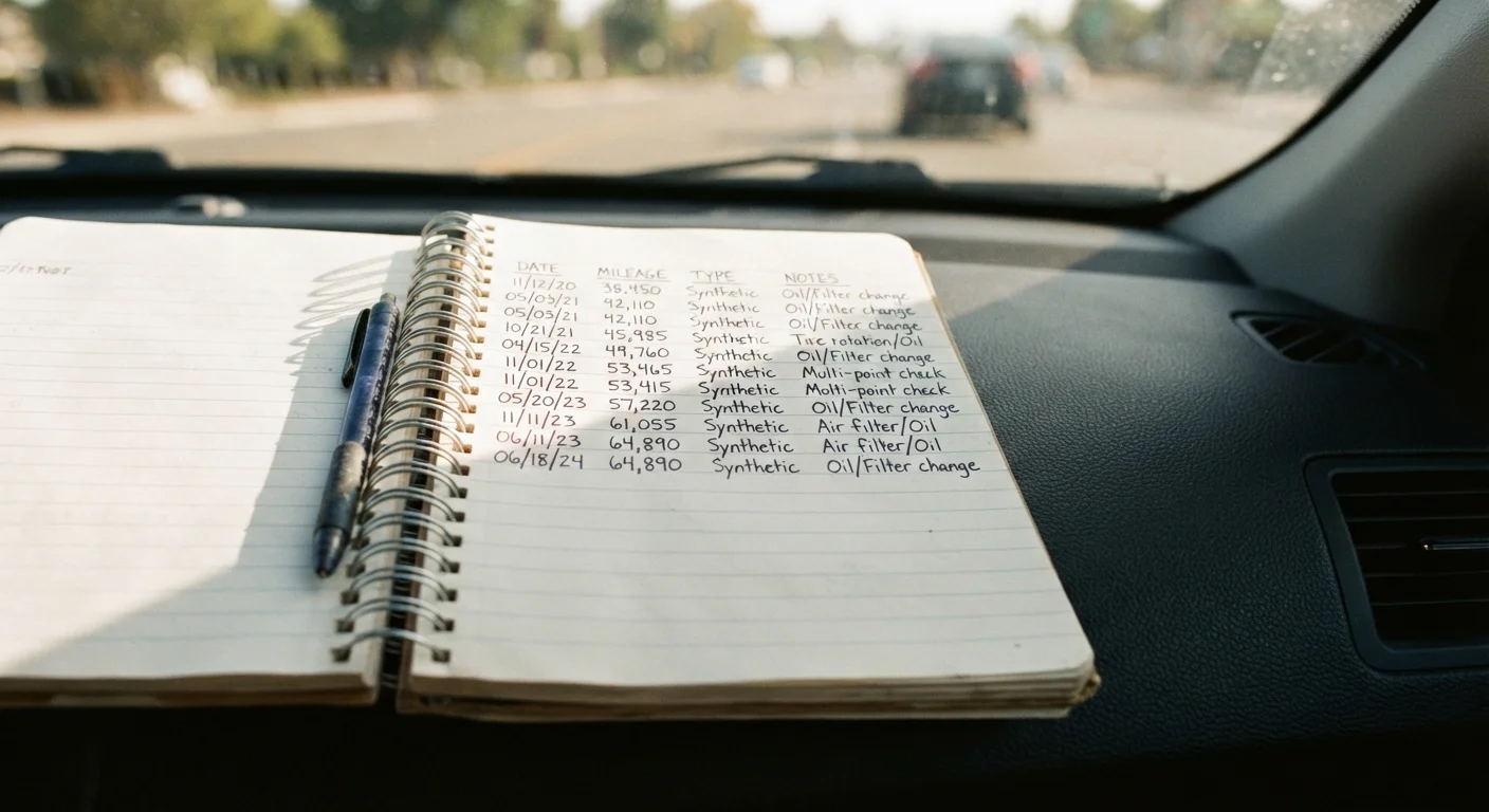 Open maintenance log notebook resting on a car dashboard with handwritten service records