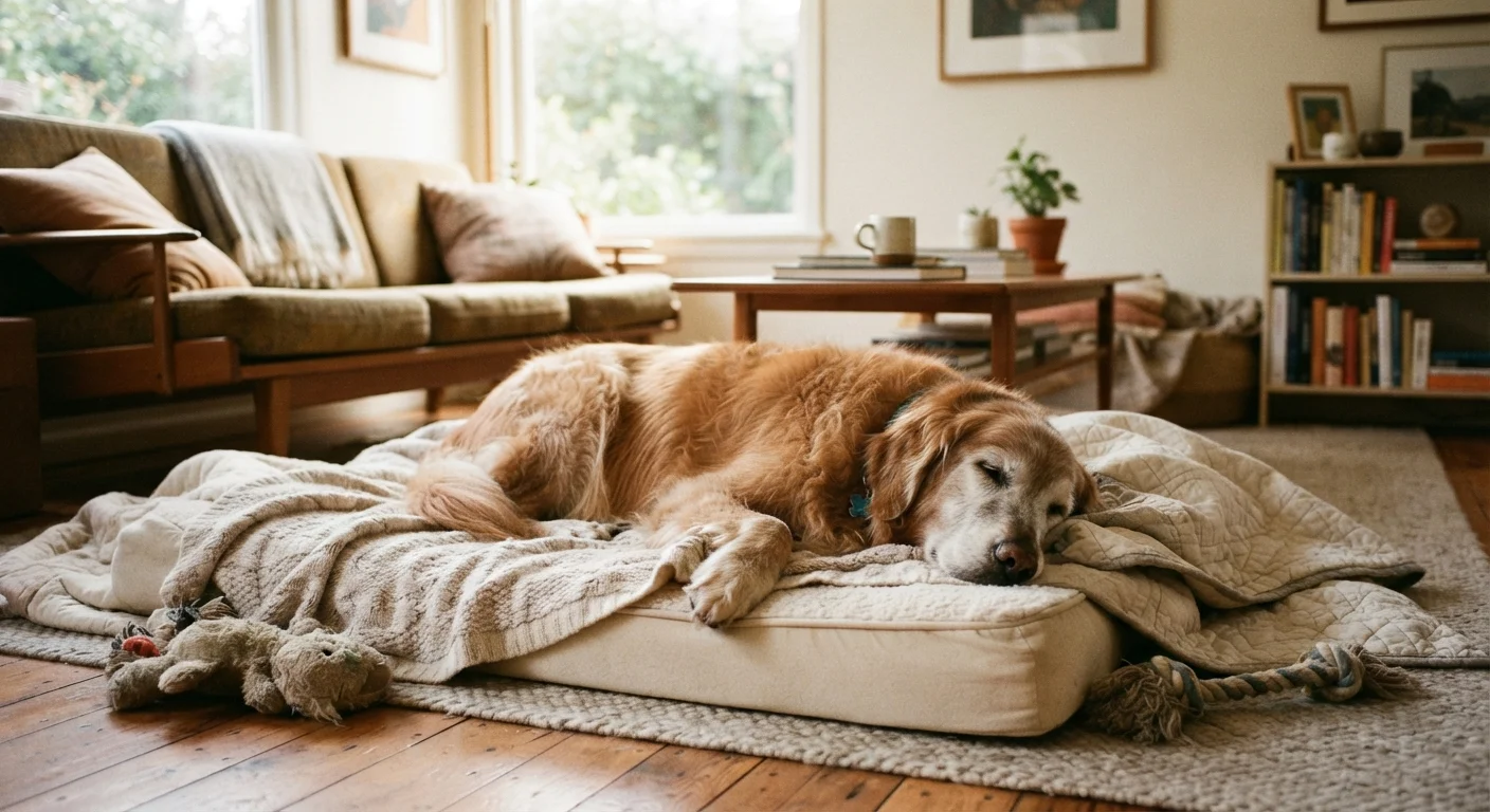 Senior golden retriever resting comfortably on an orthopedic dog bed in a sunlit living room.
