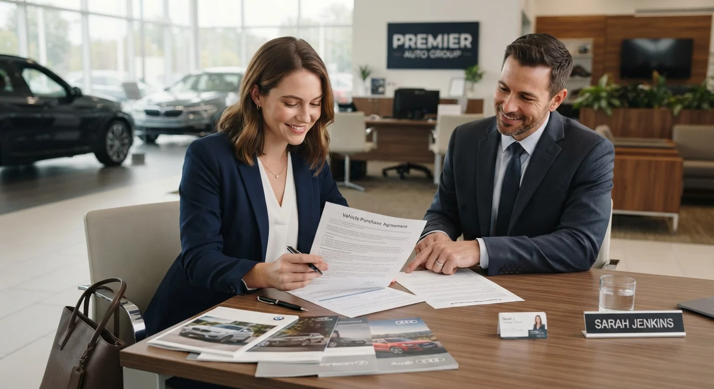 Person reviewing car purchase paperwork at a dealership desk with brochures nearby.