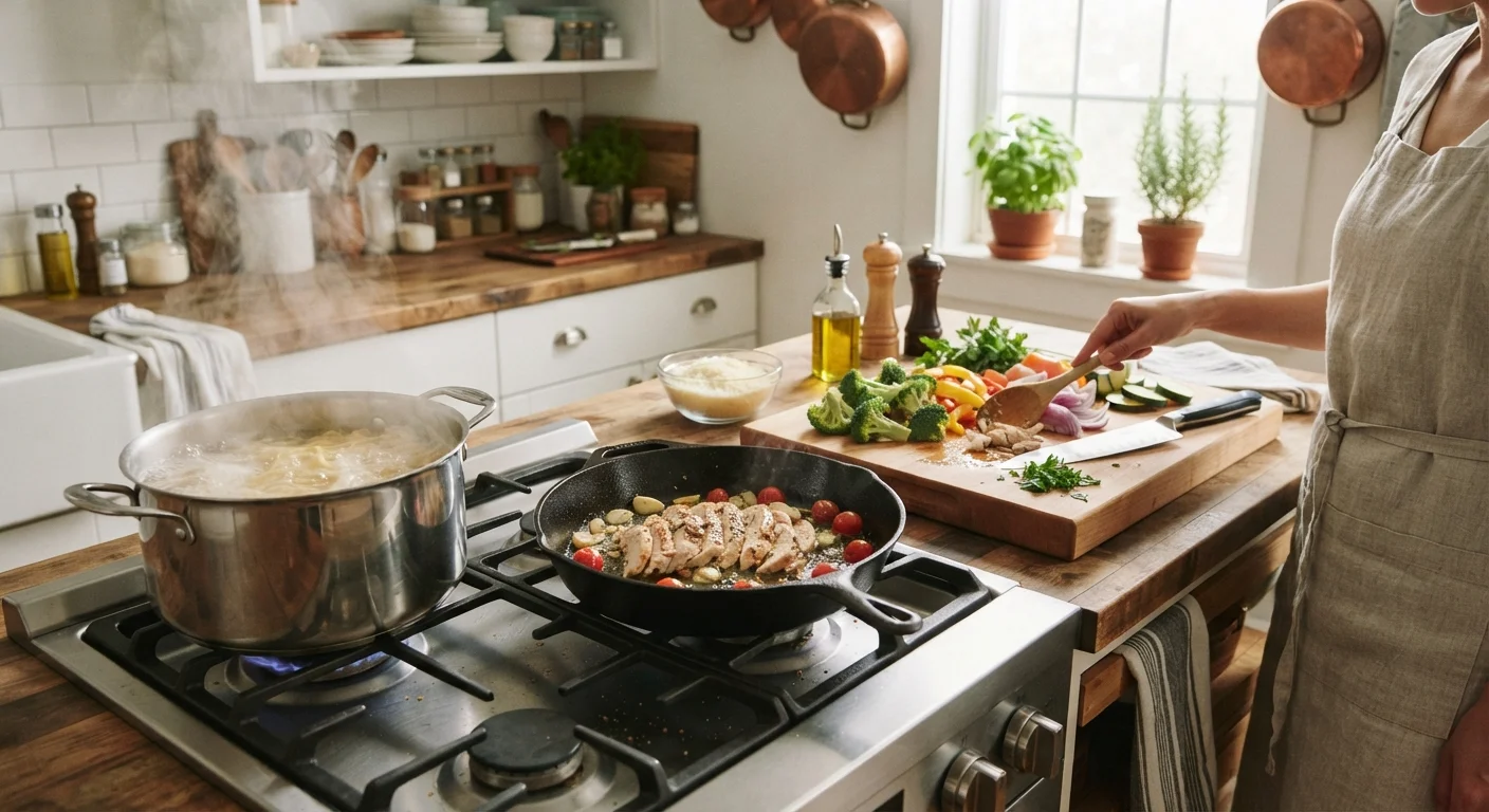 Home kitchen with cast iron skillet, cutting board with vegetables, and steaming pasta pot