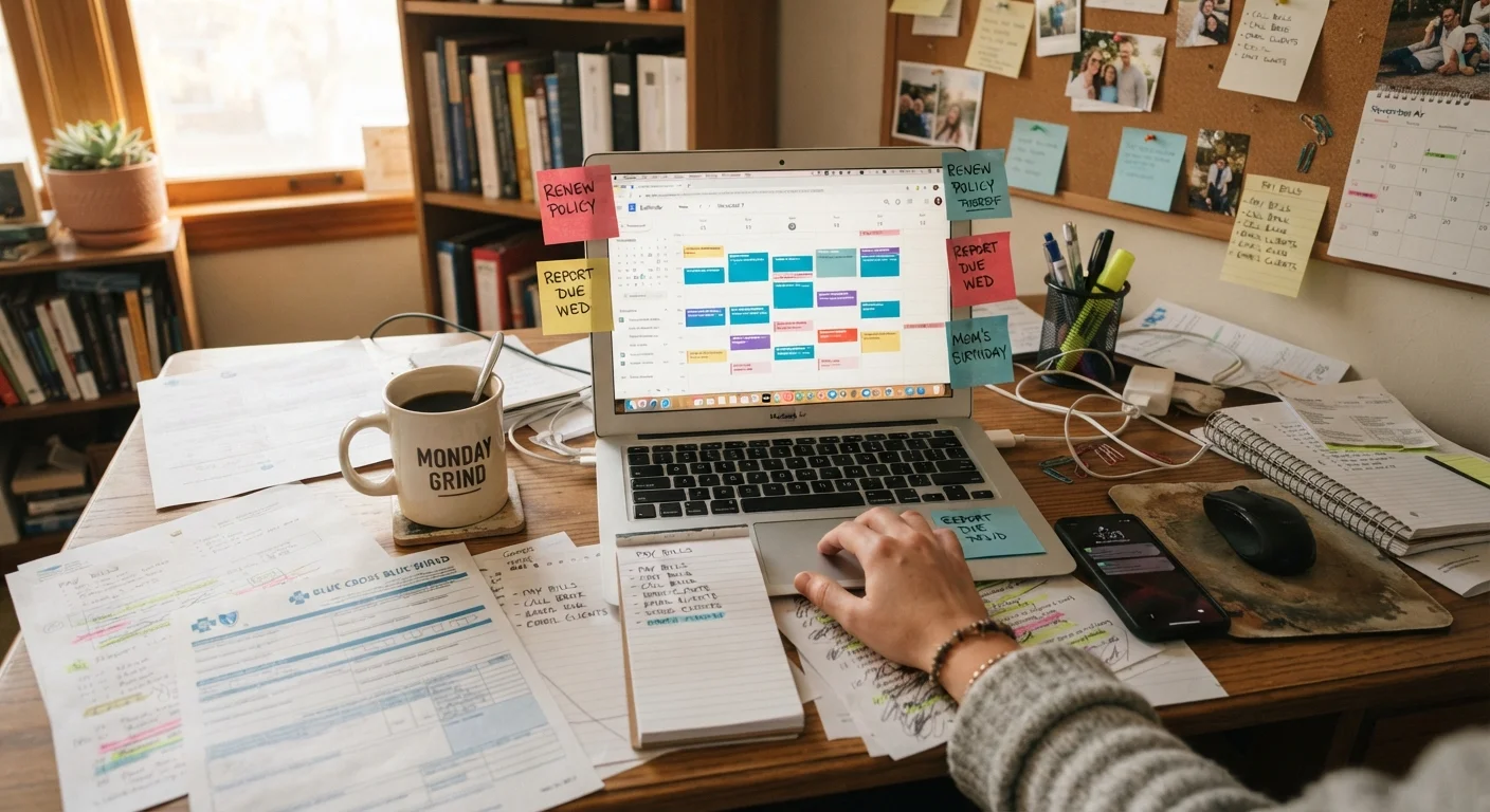 Cluttered home desk with papers, sticky notes, and open laptop showing a busy calendar