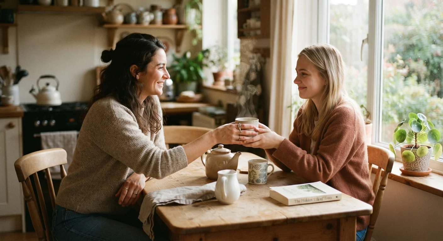 Two people sharing a warm, caring moment over coffee at a sunlit kitchen table