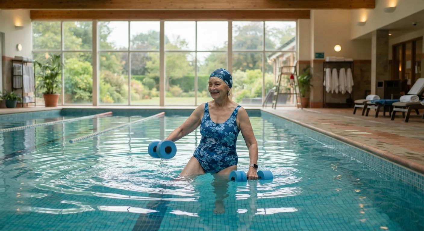 Person performing gentle water aerobics in a calm, sunlit indoor swimming pool