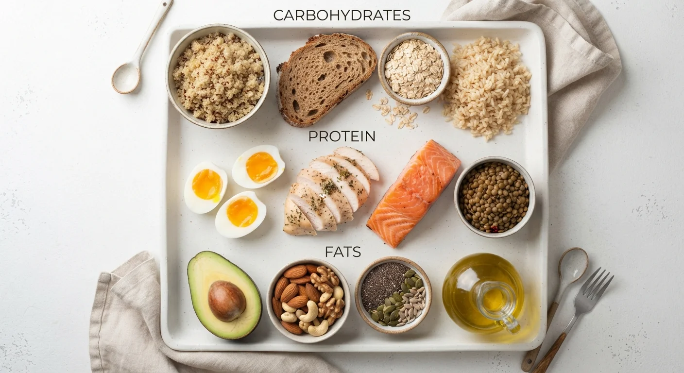 Overhead flat lay of foods representing carbohydrates, proteins, and fats on a white surface