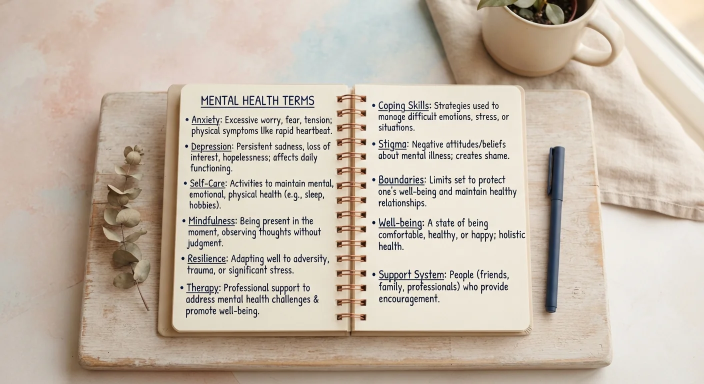 Open notebook with mental health terms written on pages against a soft pastel background