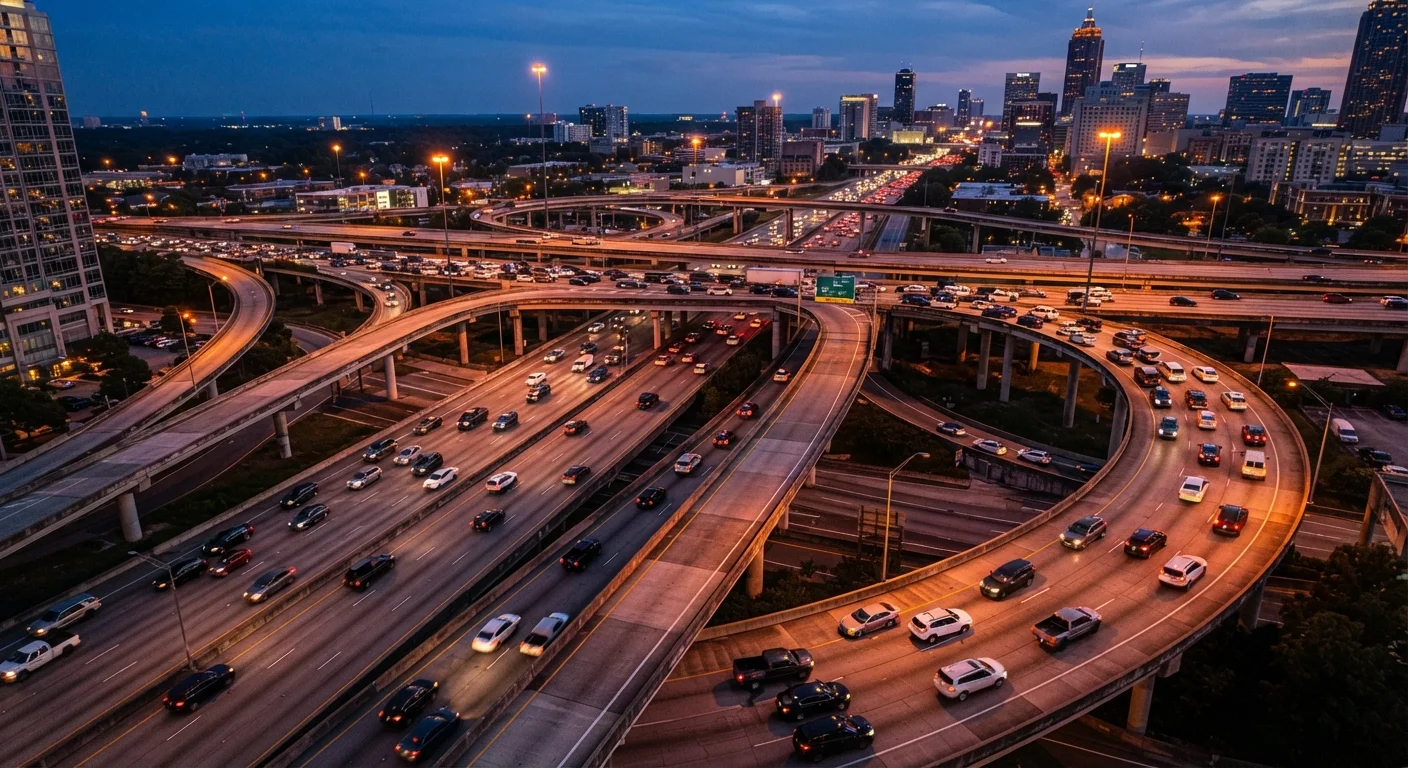 Cars merging onto a busy multi-lane highway interchange at dusk from an elevated perspective