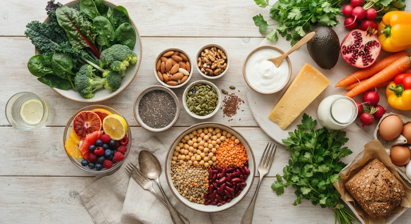 Colorful array of whole foods including leafy greens, citrus fruits, nuts, seeds, and legumes