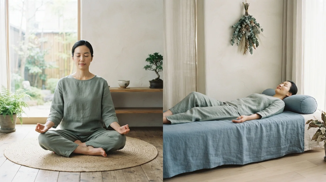 Two people demonstrating mindfulness meditation and relaxation techniques in calm, peaceful settings.