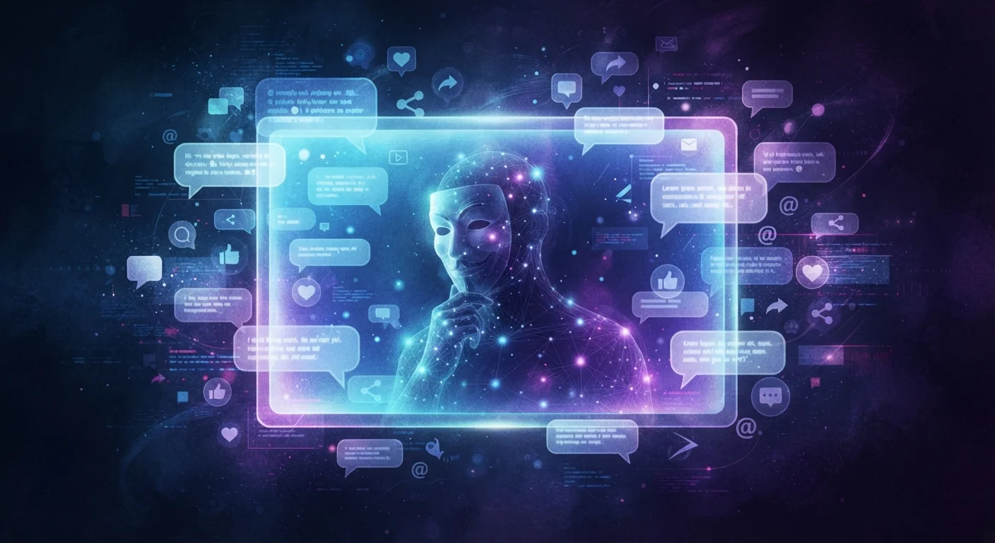 Abstract illustration of an anonymous figure interacting with digital chat bubbles on a glowing screen