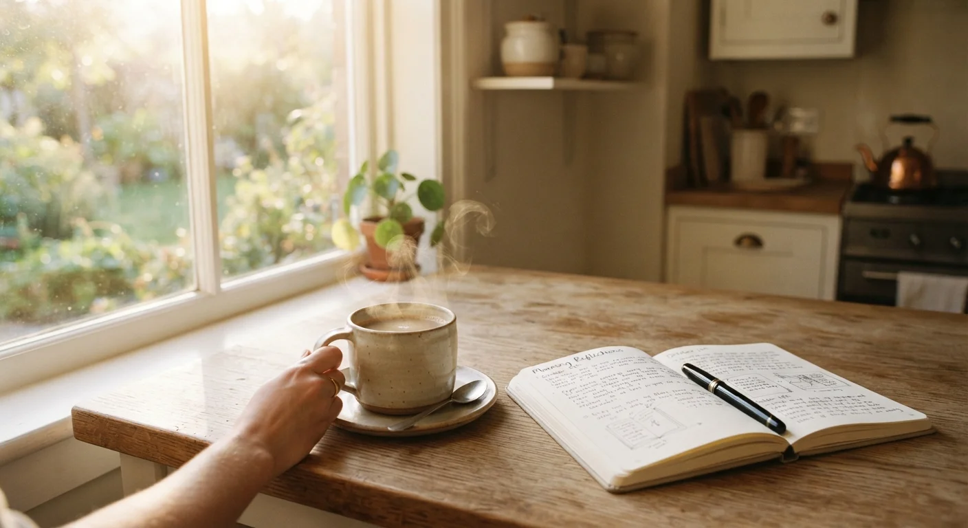 A cozy morning scene with coffee, journal, and warm sunlight on a kitchen table