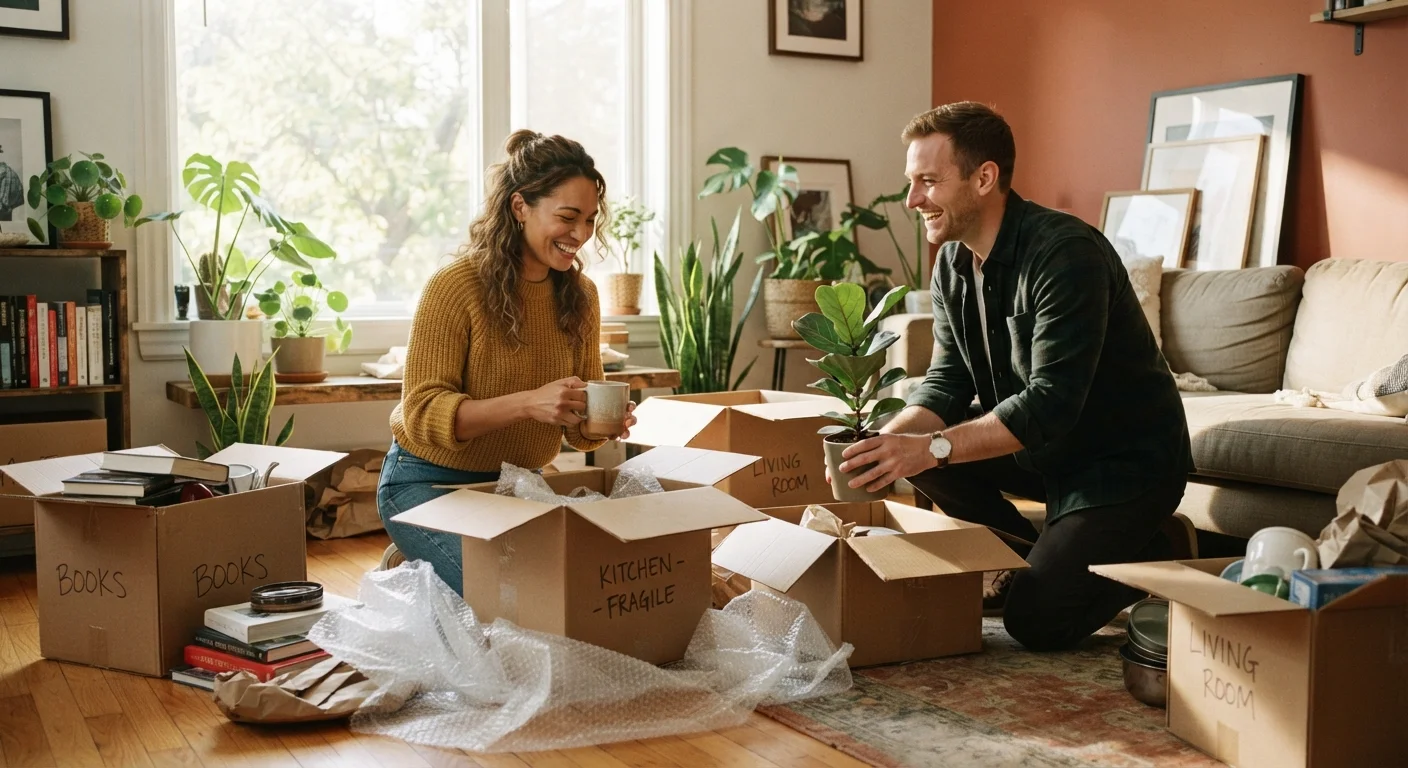 A couple unpacking moving boxes together in a bright, cozy new apartment