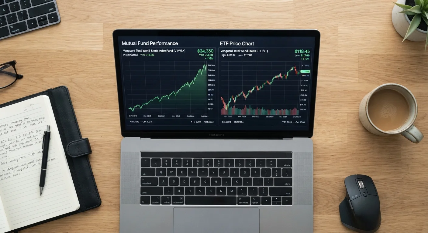 Side-by-side comparison charts representing mutual funds and ETFs on a desk
