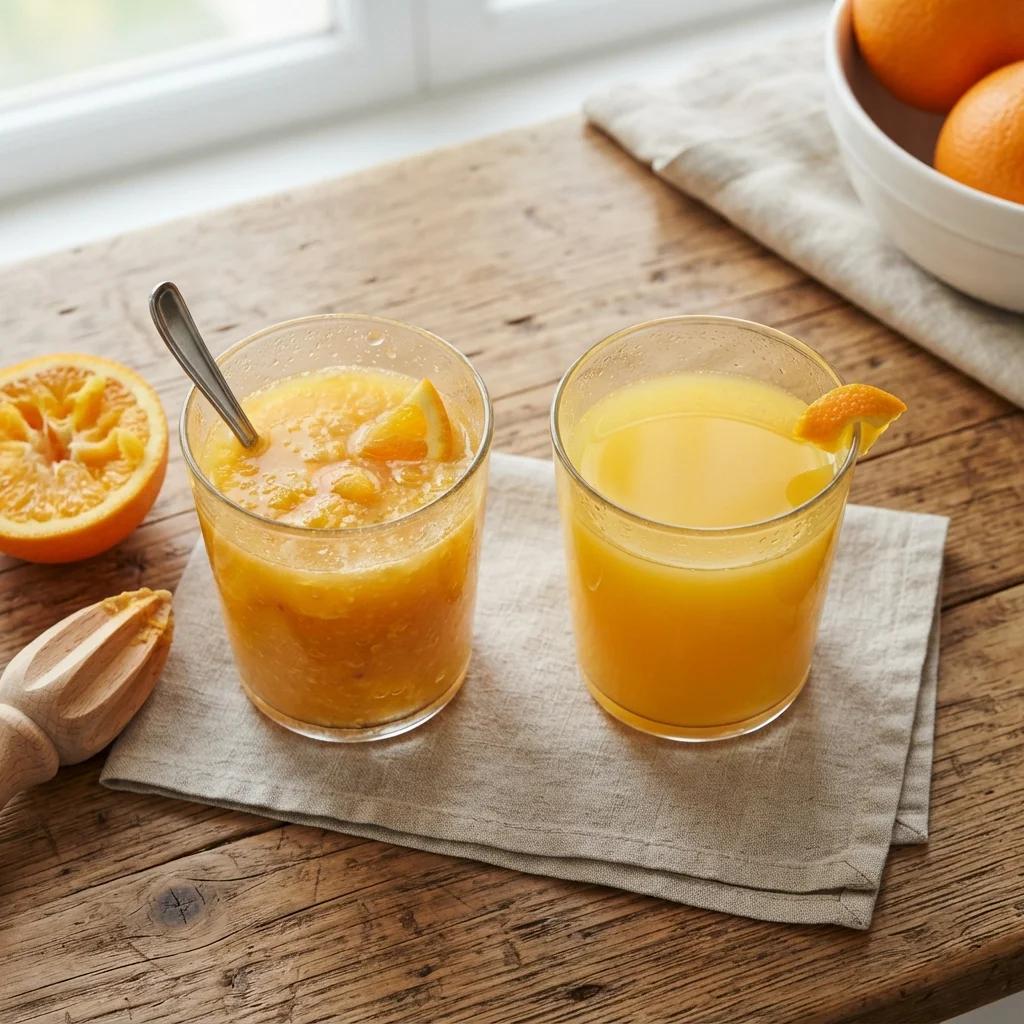 Two glasses of orange juice side by side, one fresh-squeezed with pulp, one clear and uniform