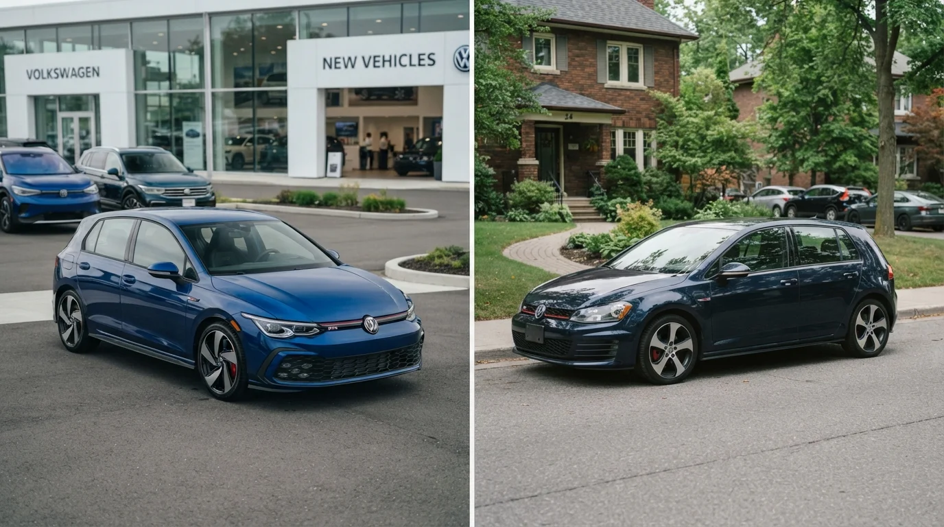 A new car on a dealership lot contrasted with a used car parked on a residential street