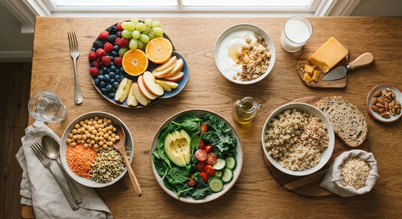 Colorful foods including fruits, vegetables, dairy, and whole grains arranged on a wooden table.