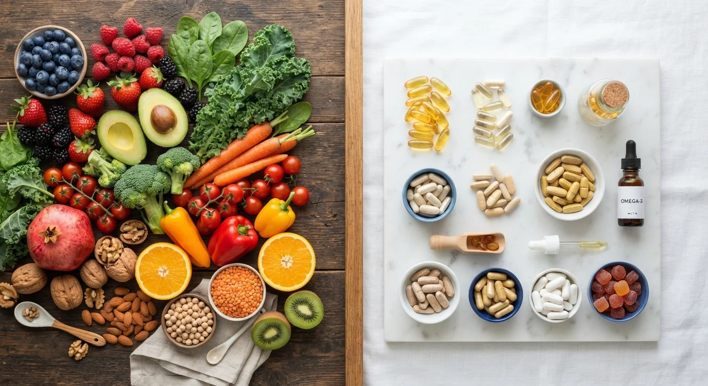 Colorful whole foods arranged beside supplement capsules on a neutral surface, illustrating nutrition comparison