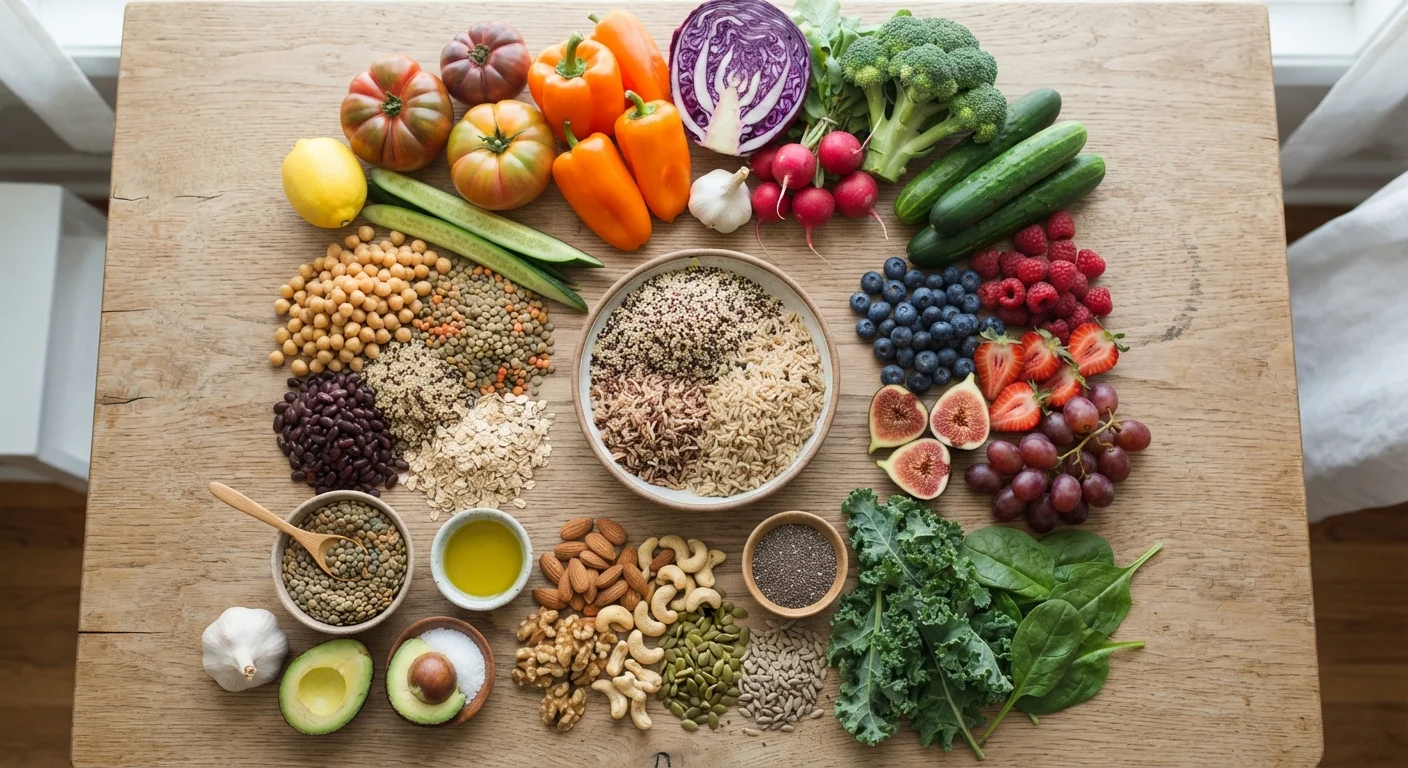 Colorful assortment of whole foods including vegetables, fruits, grains, and nuts arranged on a wooden surface