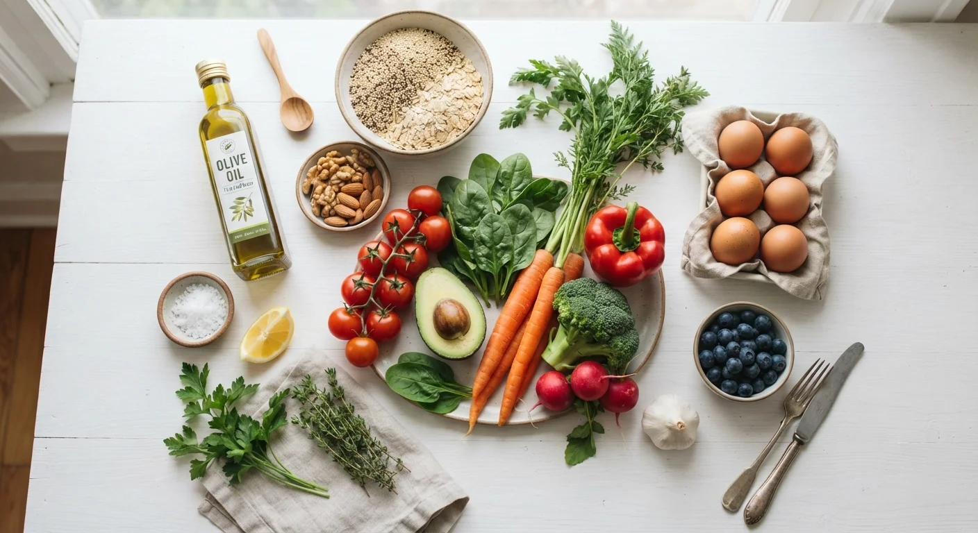 Colorful whole foods including vegetables, nuts, eggs, and grains arranged on a white surface