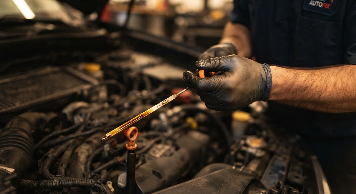 Mechanic checking motor oil level on a dipstick above an open engine bay
