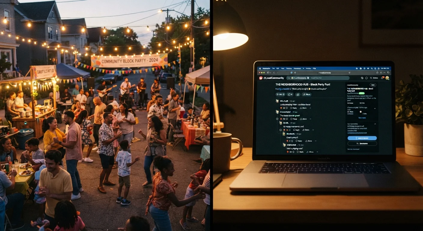A split scene showing a neighborhood gathering outdoors and someone engaging in an online community forum