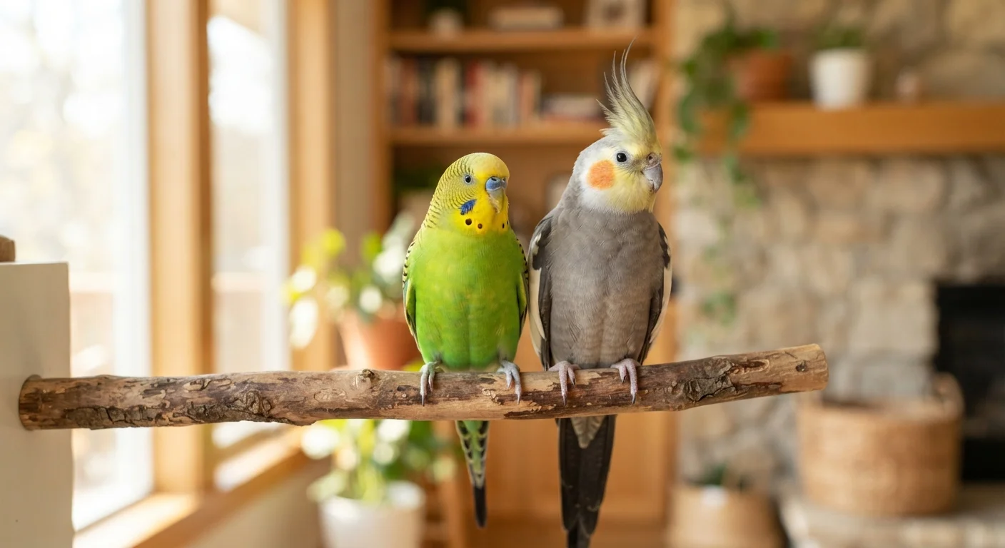 A green parakeet and a grey cockatiel perched side by side on a wooden branch indoors.